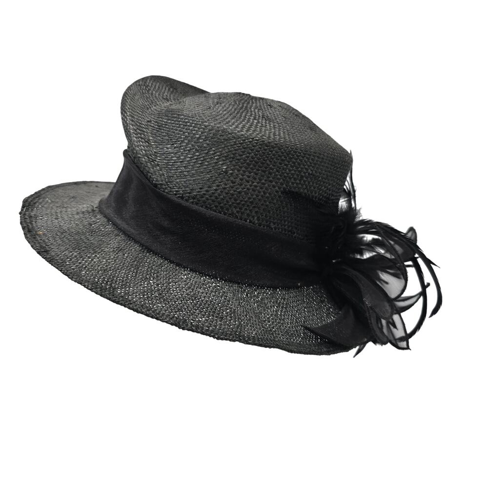VTG Toucan Collection Sisal Wide Brim Derby Church Hat Elegant Black w/Feathers